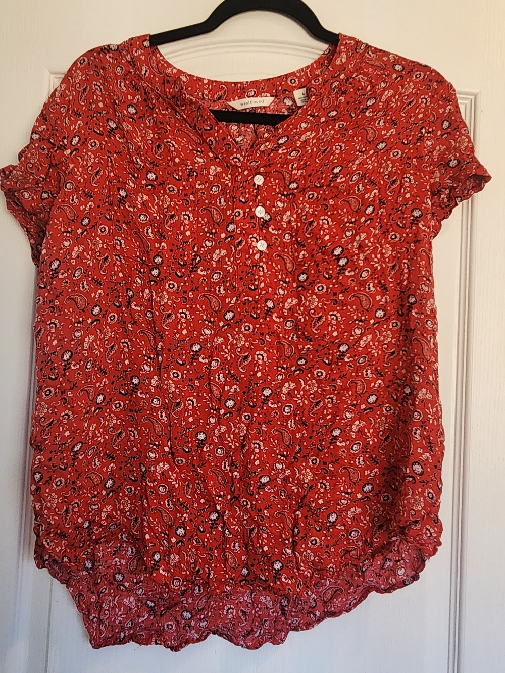 Women’s Red Paisley Button-Front Short Sleeve Blouse L Euc